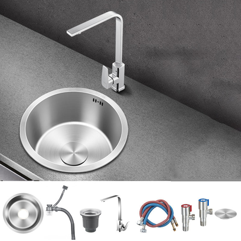 Contemporary Style Kitchen Sink Stainless Steel Round Kitchen Sink 13"L x 13"W x 7"H Sink with Faucet Square Faucet Clearhalo 'Home Improvement' 'home_improvement' 'home_improvement_kitchen_sinks' 'Kitchen Remodel & Kitchen Fixtures' 'Kitchen Sinks & Faucet Components' 'Kitchen Sinks' 'kitchen_sinks' 6485544