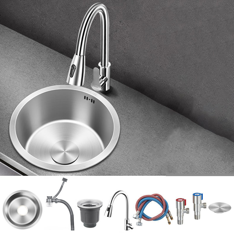 Contemporary Style Kitchen Sink Stainless Steel Round Kitchen Sink 14"L x 14"W x 7"H Sink with Faucet Pull Out Faucet Clearhalo 'Home Improvement' 'home_improvement' 'home_improvement_kitchen_sinks' 'Kitchen Remodel & Kitchen Fixtures' 'Kitchen Sinks & Faucet Components' 'Kitchen Sinks' 'kitchen_sinks' 6485549