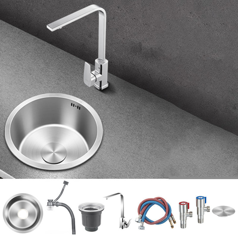 Contemporary Style Kitchen Sink Stainless Steel Round Kitchen Sink 14"L x 14"W x 7"H Sink with Faucet Square Faucet Clearhalo 'Home Improvement' 'home_improvement' 'home_improvement_kitchen_sinks' 'Kitchen Remodel & Kitchen Fixtures' 'Kitchen Sinks & Faucet Components' 'Kitchen Sinks' 'kitchen_sinks' 6485551