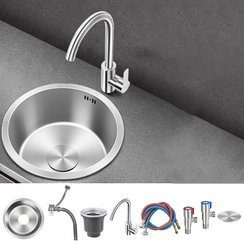 Contemporary Style Kitchen Sink Stainless Steel Round Kitchen Sink 14"L x 14"W x 7"H Sink with Faucet Round Faucet Clearhalo 'Home Improvement' 'home_improvement' 'home_improvement_kitchen_sinks' 'Kitchen Remodel & Kitchen Fixtures' 'Kitchen Sinks & Faucet Components' 'Kitchen Sinks' 'kitchen_sinks' 6485553