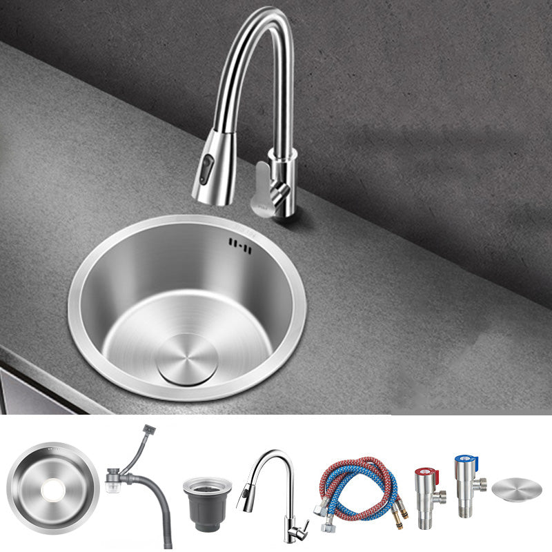 Contemporary Style Kitchen Sink Stainless Steel Round Kitchen Sink 16"L x 16"W x 7"H Sink with Faucet Pull Out Faucet Clearhalo 'Home Improvement' 'home_improvement' 'home_improvement_kitchen_sinks' 'Kitchen Remodel & Kitchen Fixtures' 'Kitchen Sinks & Faucet Components' 'Kitchen Sinks' 'kitchen_sinks' 6485555