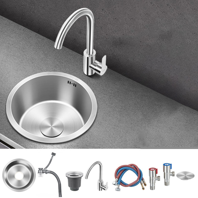 Contemporary Style Kitchen Sink Stainless Steel Round Kitchen Sink 16"L x 16"W x 7"H Sink with Faucet Round Faucet Clearhalo 'Home Improvement' 'home_improvement' 'home_improvement_kitchen_sinks' 'Kitchen Remodel & Kitchen Fixtures' 'Kitchen Sinks & Faucet Components' 'Kitchen Sinks' 'kitchen_sinks' 6485557