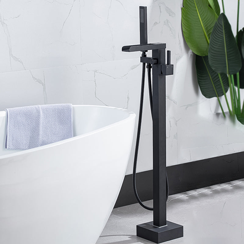 Floor Mounted Copper Freestanding Tub Filler Swivel High Arc Tub Filler Trim Black Square Rectangle Ground Clearhalo 'Bathroom Remodel & Bathroom Fixtures' 'Bathtub Faucets' 'bathtub_faucets' 'Home Improvement' 'home_improvement' 'home_improvement_bathtub_faucets' 6485848