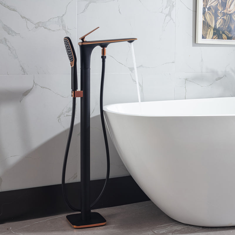 Floor Mounted Copper Freestanding Tub Filler Swivel High Arc Tub Filler Trim Black-Gold Flat Ground Clearhalo 'Bathroom Remodel & Bathroom Fixtures' 'Bathtub Faucets' 'bathtub_faucets' 'Home Improvement' 'home_improvement' 'home_improvement_bathtub_faucets' 6485864