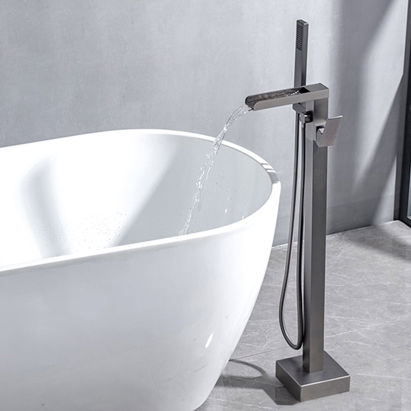 Floor Mounted Copper Freestanding Tub Filler Swivel High Arc Tub Filler Trim Gun Grey Square Rectangle Ground Clearhalo 'Bathroom Remodel & Bathroom Fixtures' 'Bathtub Faucets' 'bathtub_faucets' 'Home Improvement' 'home_improvement' 'home_improvement_bathtub_faucets' 6485870