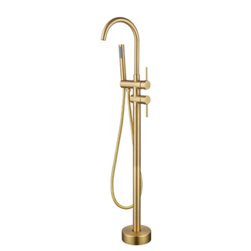 Modern Floor Mounted Metal Freestanding Tub Filler Swivel Freestanding Faucet Gold Hand Shower Included Clearhalo 'Bathroom Remodel & Bathroom Fixtures' 'Bathtub Faucets' 'bathtub_faucets' 'Home Improvement' 'home_improvement' 'home_improvement_bathtub_faucets' 6485891
