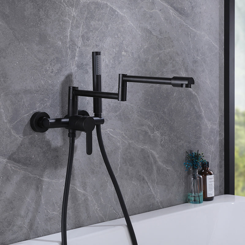 Wall Mounted Metal Tub Filler Low Arc Waterfall Bathroom Faucet with Hose Black 2 Hole Faucets Hand Shower Included Clearhalo 'Bathroom Remodel & Bathroom Fixtures' 'Bathtub Faucets' 'bathtub_faucets' 'Home Improvement' 'home_improvement' 'home_improvement_bathtub_faucets' 6485997