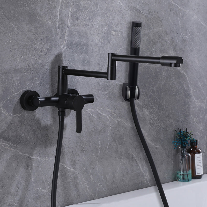 Wall Mounted Metal Tub Filler Low Arc Waterfall Bathroom Faucet with Hose Black 3 Hole Faucets Hand Shower Included Clearhalo 'Bathroom Remodel & Bathroom Fixtures' 'Bathtub Faucets' 'bathtub_faucets' 'Home Improvement' 'home_improvement' 'home_improvement_bathtub_faucets' 6486001