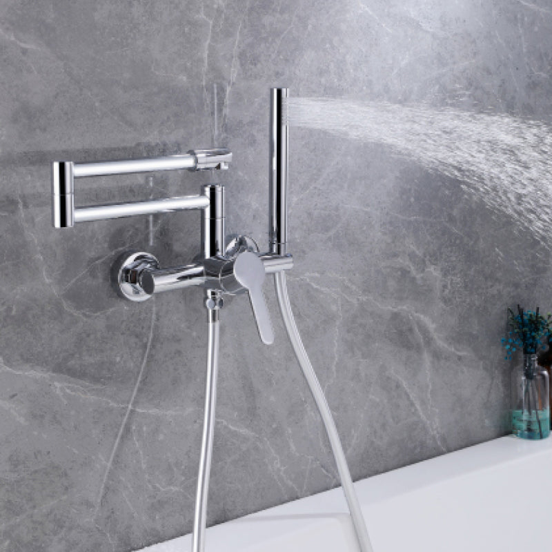 Wall Mounted Metal Tub Filler Low Arc Waterfall Bathroom Faucet with Hose Chrome 2 Hole Faucets Hand Shower Included Clearhalo 'Bathroom Remodel & Bathroom Fixtures' 'Bathtub Faucets' 'bathtub_faucets' 'Home Improvement' 'home_improvement' 'home_improvement_bathtub_faucets' 6486002