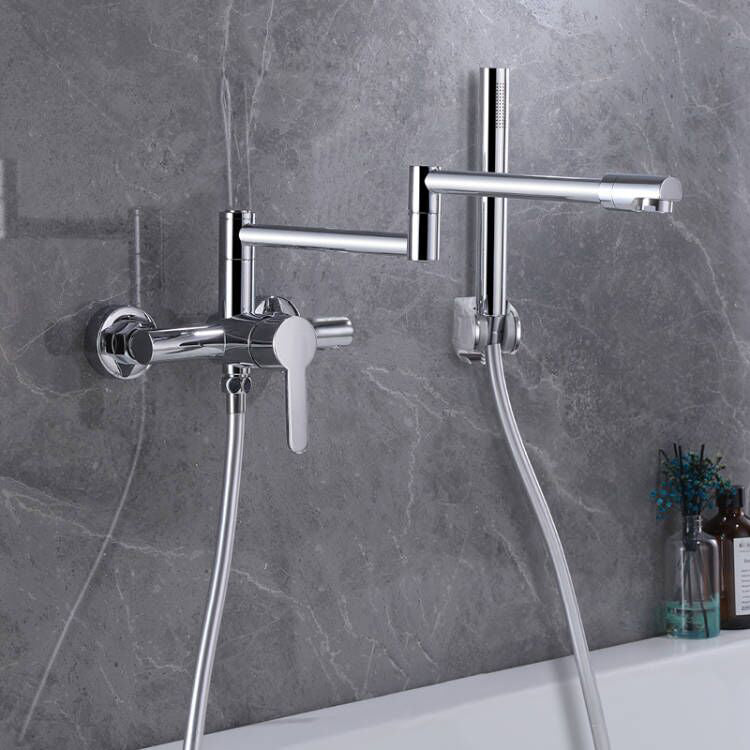 Wall Mounted Metal Tub Filler Low Arc Waterfall Bathroom Faucet with Hose Chrome 3 Hole Faucets Hand Shower Included Clearhalo 'Bathroom Remodel & Bathroom Fixtures' 'Bathtub Faucets' 'bathtub_faucets' 'Home Improvement' 'home_improvement' 'home_improvement_bathtub_faucets' 6486006