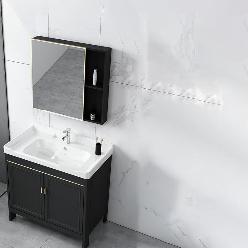 Modern Metal Sink Cabinet Mirror Wall-Mounted Bathroom Vanity Cabinet in Black Vanity & Faucet & Mirror Cabinet 28"L x 18.9"W x 31.9"H Clearhalo 'Bathroom Remodel & Bathroom Fixtures' 'Bathroom Vanities' 'bathroom_vanities' 'Home Improvement' 'home_improvement' 'home_improvement_bathroom_vanities' 6486858