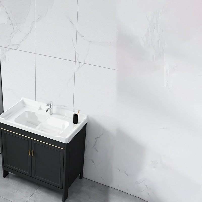 Modern Metal Sink Cabinet Mirror Wall-Mounted Bathroom Vanity Cabinet in Black Vanity & Faucet 28"L x 18.9"W x 31.9"H Clearhalo 'Bathroom Remodel & Bathroom Fixtures' 'Bathroom Vanities' 'bathroom_vanities' 'Home Improvement' 'home_improvement' 'home_improvement_bathroom_vanities' 6486862