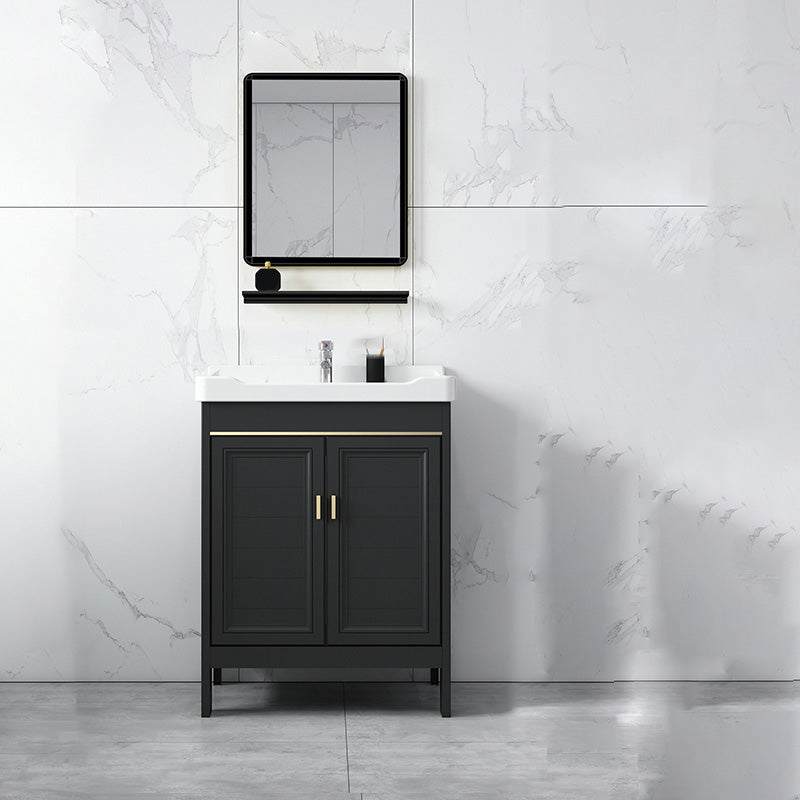 Modern Metal Sink Cabinet Mirror Wall-Mounted Bathroom Vanity Cabinet in Black Vanity & Faucet & Mirrors 24"L x 15.7"W x 31.9"H Clearhalo 'Bathroom Remodel & Bathroom Fixtures' 'Bathroom Vanities' 'bathroom_vanities' 'Home Improvement' 'home_improvement' 'home_improvement_bathroom_vanities' 6486863