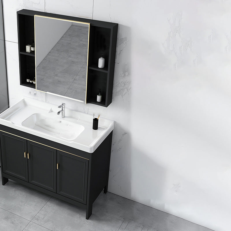 Modern Metal Sink Cabinet Mirror Wall-Mounted Bathroom Vanity Cabinet in Black Vanity & Faucet & Mirror Cabinet 24"L x 15.7"W x 31.9"H Clearhalo 'Bathroom Remodel & Bathroom Fixtures' 'Bathroom Vanities' 'bathroom_vanities' 'Home Improvement' 'home_improvement' 'home_improvement_bathroom_vanities' 6486868