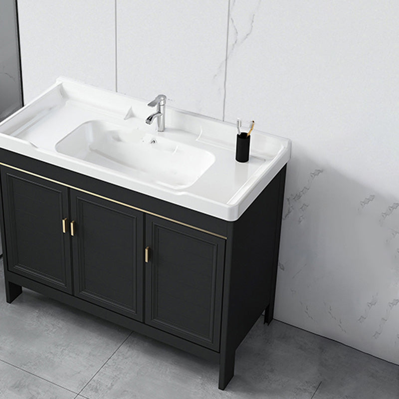 Modern Metal Sink Cabinet Mirror Wall-Mounted Bathroom Vanity Cabinet in Black Vanity & Faucet 35.8"L x 18.9"W x 31.9"H Clearhalo 'Bathroom Remodel & Bathroom Fixtures' 'Bathroom Vanities' 'bathroom_vanities' 'Home Improvement' 'home_improvement' 'home_improvement_bathroom_vanities' 6486869