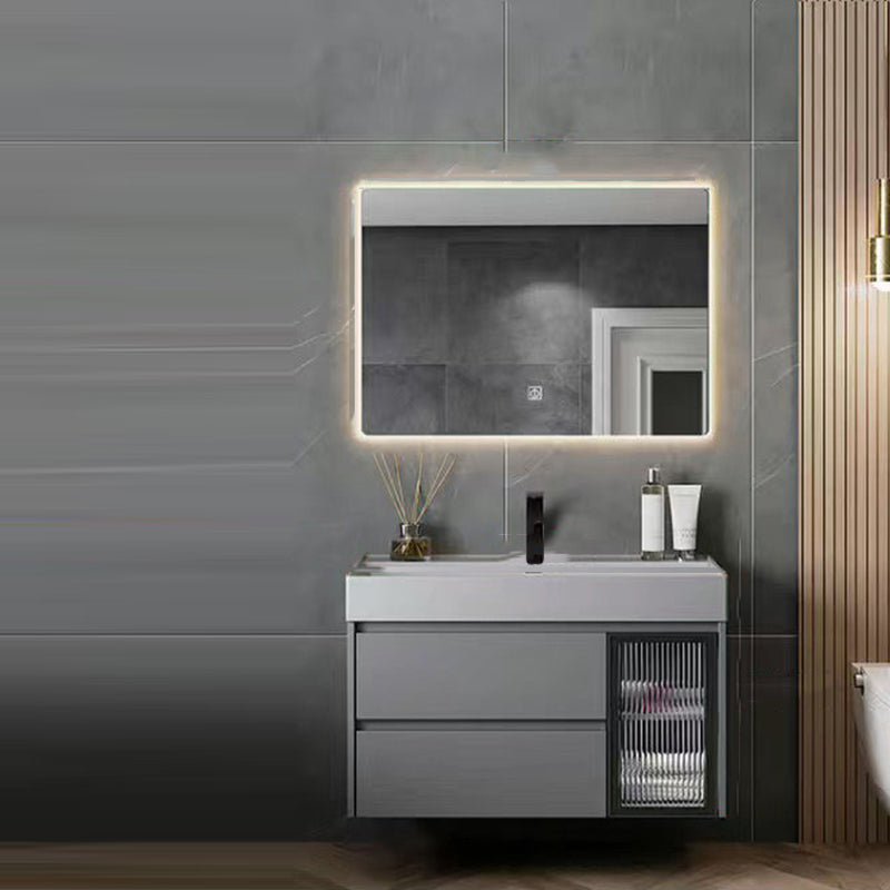 Drawers Bathroom Vanity Metal Single Sink Grey Rectangle Wall Mount Vanity Set with Mirror Vanity & Faucet & Mirrors Clearhalo 'Bathroom Remodel & Bathroom Fixtures' 'Bathroom Vanities' 'bathroom_vanities' 'Home Improvement' 'home_improvement' 'home_improvement_bathroom_vanities' 6487687