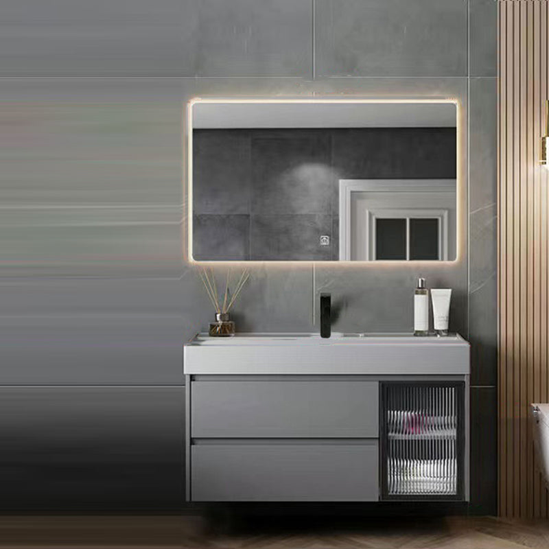Drawers Bathroom Vanity Metal Single Sink Grey Rectangle Wall Mount Vanity Set with Mirror Vanity & Faucet & Mirrors Clearhalo 'Bathroom Remodel & Bathroom Fixtures' 'Bathroom Vanities' 'bathroom_vanities' 'Home Improvement' 'home_improvement' 'home_improvement_bathroom_vanities' 6487688
