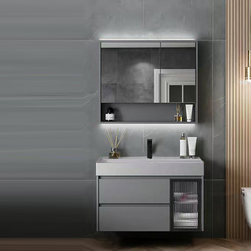 Drawers Bathroom Vanity Metal Single Sink Grey Rectangle Wall Mount Vanity Set with Mirror Vanity & Faucet & Mirror Cabinet Clearhalo 'Bathroom Remodel & Bathroom Fixtures' 'Bathroom Vanities' 'bathroom_vanities' 'Home Improvement' 'home_improvement' 'home_improvement_bathroom_vanities' 6487690