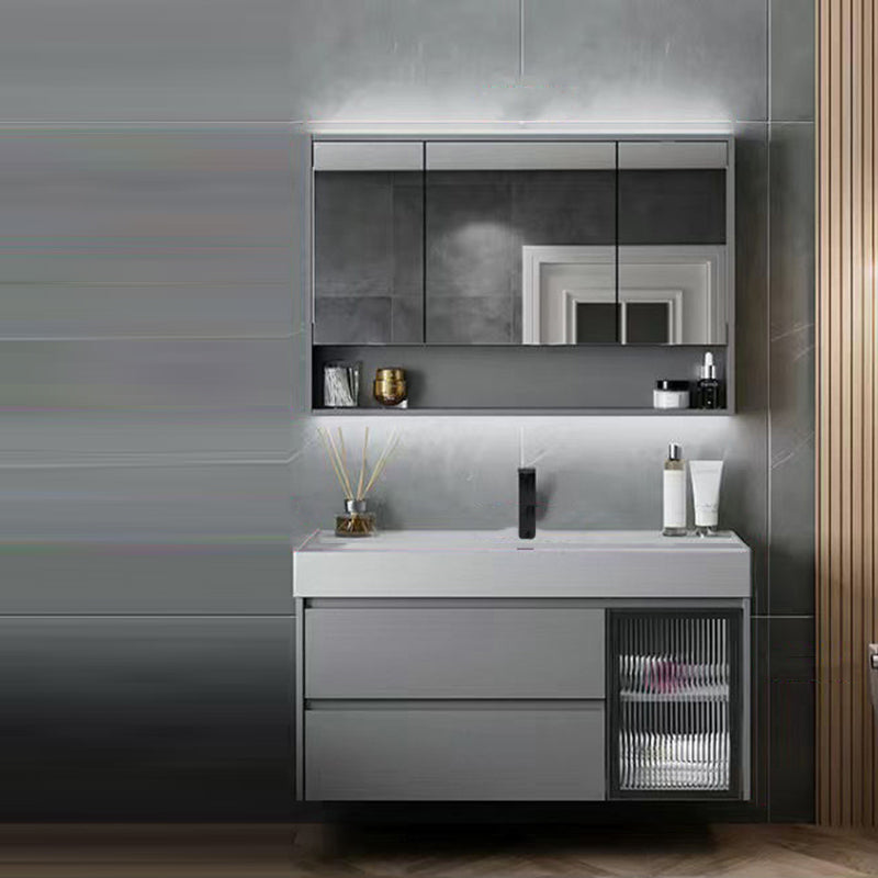 Drawers Bathroom Vanity Metal Single Sink Grey Rectangle Wall Mount Vanity Set with Mirror Vanity & Faucet & Mirror Cabinet Clearhalo 'Bathroom Remodel & Bathroom Fixtures' 'Bathroom Vanities' 'bathroom_vanities' 'Home Improvement' 'home_improvement' 'home_improvement_bathroom_vanities' 6487691