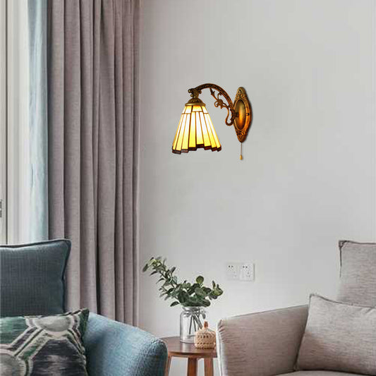 Mission Style Mini Wall Sconce Stained Glass 1 Light Wall Mounted Lamp with Curved Arm in Beige Beige with Switch Clearhalo 'Industrial' 'Middle century wall lights' 'Tiffany wall lights' 'Tiffany' 'Wall Lamps & Sconces' 'Wall Lights' Lighting' 64895