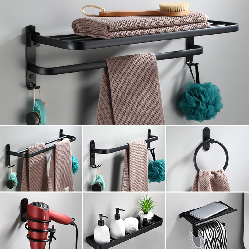 Contemporary Bathroom Accessory Set Black Finish Robe Hooks/Towel Ring Bar Clearhalo 'Bathroom Hardware Sets' 'Bathroom Hardware' 'Bathroom Remodel & Bathroom Fixtures' 'bathroom_hardware_sets' 'Home Improvement' 'home_improvement' 'home_improvement_bathroom_hardware_sets' 6495984