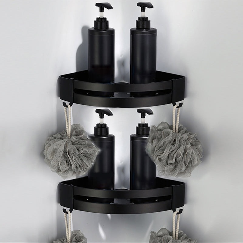 Contemporary Bathroom Accessory Set Black Finish Robe Hooks/Towel Ring Bar 2-Piece Set (Triangular Bath Shelf) Clearhalo 'Bathroom Hardware Sets' 'Bathroom Hardware' 'Bathroom Remodel & Bathroom Fixtures' 'bathroom_hardware_sets' 'Home Improvement' 'home_improvement' 'home_improvement_bathroom_hardware_sets' 6495988