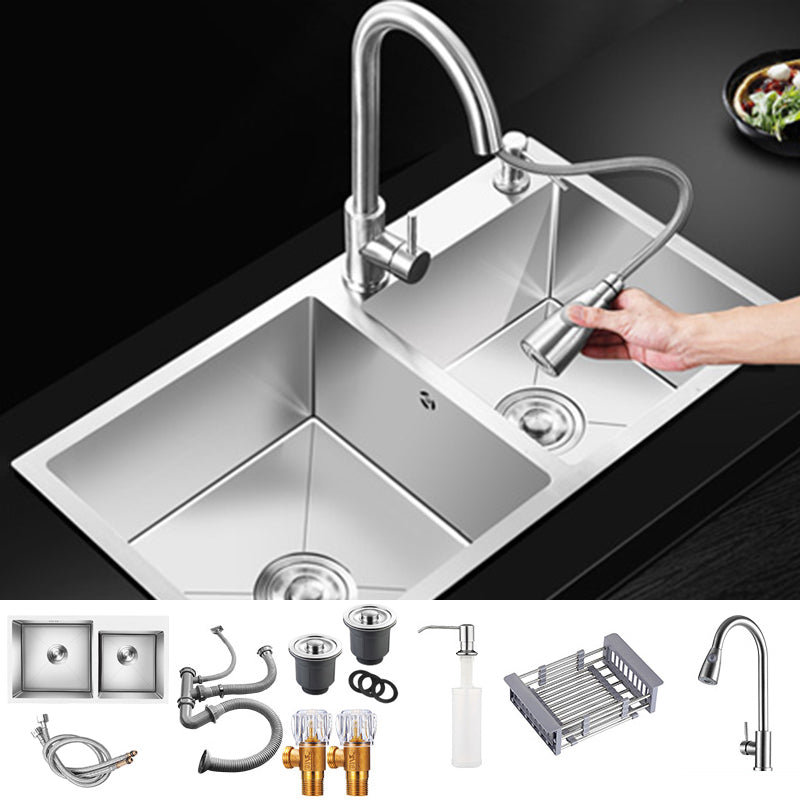 Double Basin Kitchen Sink with Basket Strainer 2 Holes Contemporary Sink Sink with Faucet Pull Out Faucet Clearhalo 'Home Improvement' 'home_improvement' 'home_improvement_kitchen_sinks' 'Kitchen Remodel & Kitchen Fixtures' 'Kitchen Sinks & Faucet Components' 'Kitchen Sinks' 'kitchen_sinks' 6496549