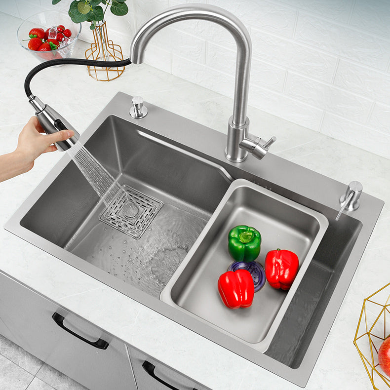 Classic Style Kitchen Sink Stainless Steel Drop-In Kitchen Sink with Drain Strainer Kit 26.8"L x 17.7"W x 8.7"H Sink with Faucet Pull Out Faucet Clearhalo 'Home Improvement' 'home_improvement' 'home_improvement_kitchen_sinks' 'Kitchen Remodel & Kitchen Fixtures' 'Kitchen Sinks & Faucet Components' 'Kitchen Sinks' 'kitchen_sinks' 6496686