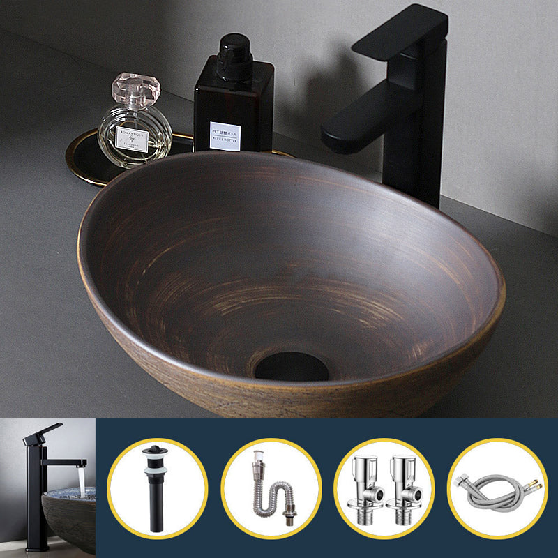 Traditional Bathroom Sink Porcelain Oval-Shape Vessel Lavatory Sink with Pop-Up Drain 16"L x 13"W x 5"H Sink with Faucet Clearhalo 'Bathroom Remodel & Bathroom Fixtures' 'Bathroom Sinks & Faucet Components' 'Bathroom Sinks' 'bathroom_sink' 'Home Improvement' 'home_improvement' 'home_improvement_bathroom_sink' 6496840