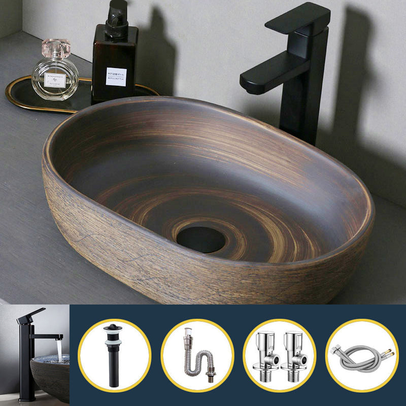 Traditional Bathroom Sink Porcelain Oval-Shape Vessel Lavatory Sink with Pop-Up Drain 19"L x 14"W x 5"H Sink with Faucet Clearhalo 'Bathroom Remodel & Bathroom Fixtures' 'Bathroom Sinks & Faucet Components' 'Bathroom Sinks' 'bathroom_sink' 'Home Improvement' 'home_improvement' 'home_improvement_bathroom_sink' 6496847