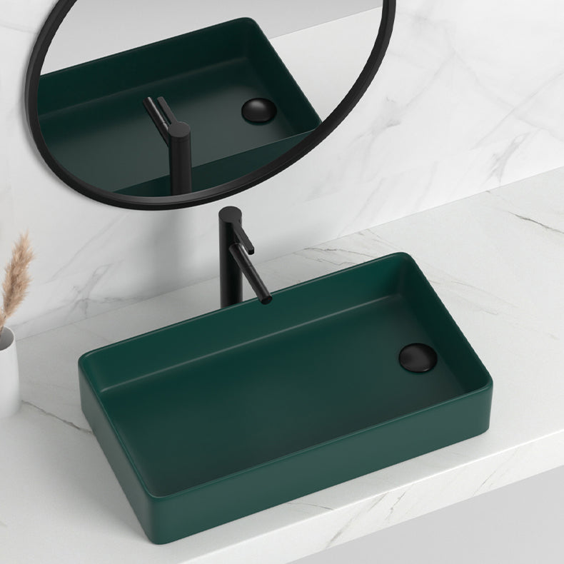 Contemporary Bathroom Sink Rectangular Porcelain Vessel Sink with Pop-Up Drain 20"L x 13"W x 5"H Green Sink with Faucet Clearhalo 'Bathroom Remodel & Bathroom Fixtures' 'Bathroom Sinks & Faucet Components' 'Bathroom Sinks' 'bathroom_sink' 'Home Improvement' 'home_improvement' 'home_improvement_bathroom_sink' 6496861