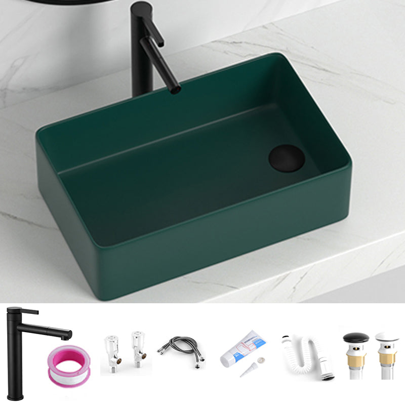 Contemporary Bathroom Sink Rectangular Porcelain Vessel Sink with Pop-Up Drain 19"L x 12"W x 6"H Green Sink with Faucet Clearhalo 'Bathroom Remodel & Bathroom Fixtures' 'Bathroom Sinks & Faucet Components' 'Bathroom Sinks' 'bathroom_sink' 'Home Improvement' 'home_improvement' 'home_improvement_bathroom_sink' 6496899