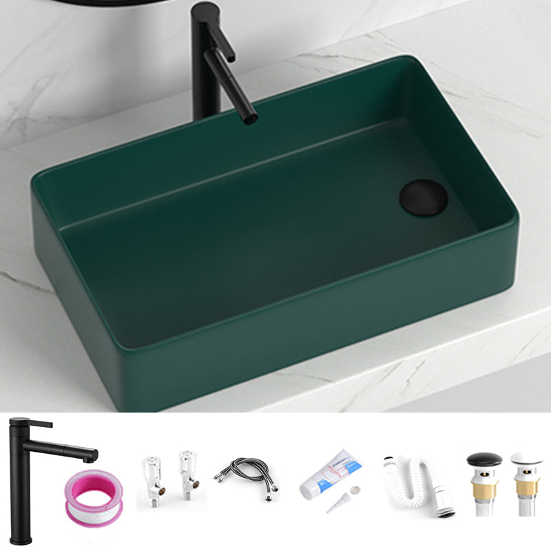 Contemporary Bathroom Sink Rectangular Porcelain Vessel Sink with Pop-Up Drain 22.2"L x 13.2"W x 5.3"H Green Sink with Faucet Clearhalo 'Bathroom Remodel & Bathroom Fixtures' 'Bathroom Sinks & Faucet Components' 'Bathroom Sinks' 'bathroom_sink' 'Home Improvement' 'home_improvement' 'home_improvement_bathroom_sink' 6496900