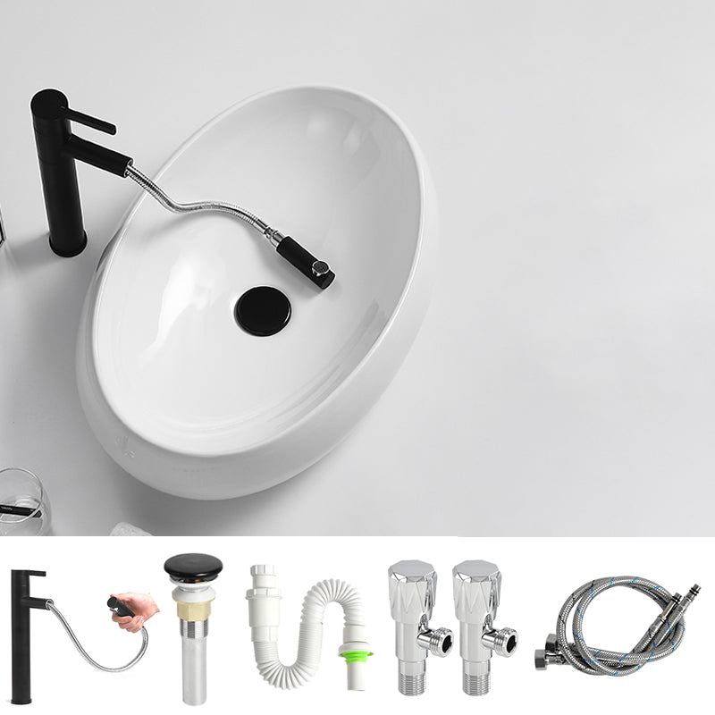 Traditional Vessel Lavatory Sink Oval Porcelain with Pop-Up Drain Basin Sink 24"L x 16"W x 6"H Pull Out Faucet Sink with Faucet Clearhalo 'Bathroom Remodel & Bathroom Fixtures' 'Bathroom Sinks & Faucet Components' 'Bathroom Sinks' 'bathroom_sink' 'Home Improvement' 'home_improvement' 'home_improvement_bathroom_sink' 6496915