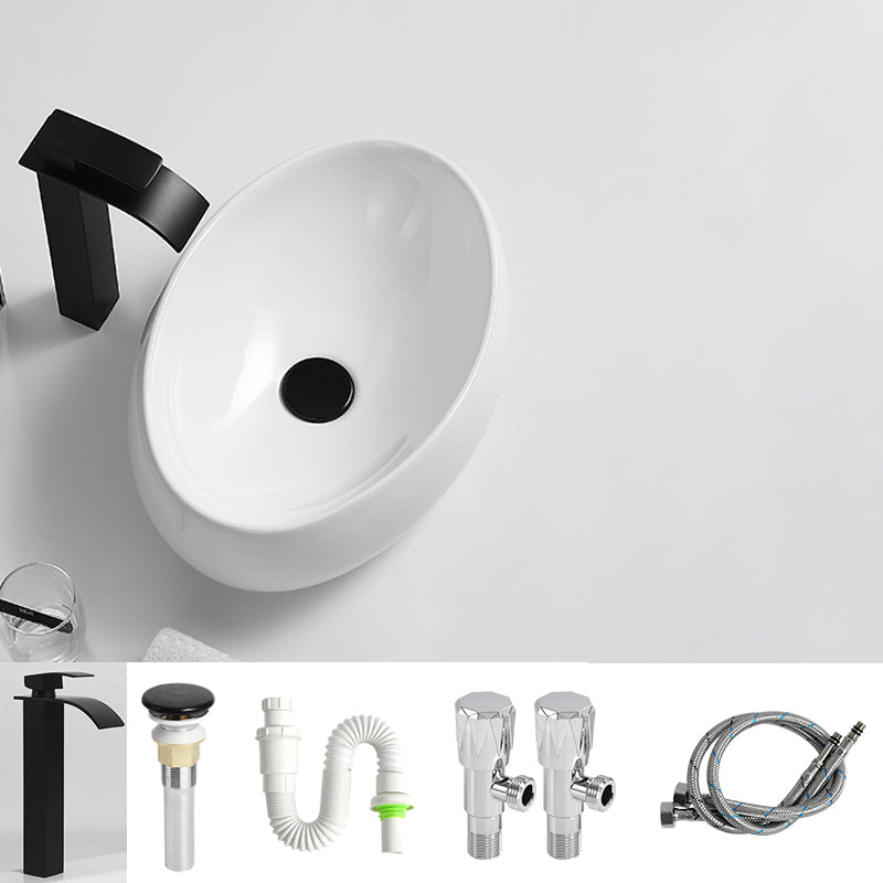 Traditional Vessel Lavatory Sink Oval Porcelain with Pop-Up Drain Basin Sink 19"L x 13"W x 6"H Stainless Steel Elbow Faucet Sink with Faucet Clearhalo 'Bathroom Remodel & Bathroom Fixtures' 'Bathroom Sinks & Faucet Components' 'Bathroom Sinks' 'bathroom_sink' 'Home Improvement' 'home_improvement' 'home_improvement_bathroom_sink' 6496930