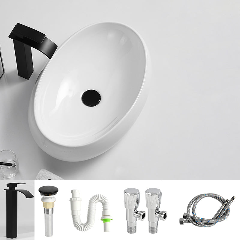 Traditional Vessel Lavatory Sink Oval Porcelain with Pop-Up Drain Basin Sink 24"L x 16"W x 6"H Stainless Steel Elbow Faucet Sink with Faucet Clearhalo 'Bathroom Remodel & Bathroom Fixtures' 'Bathroom Sinks & Faucet Components' 'Bathroom Sinks' 'bathroom_sink' 'Home Improvement' 'home_improvement' 'home_improvement_bathroom_sink' 6496932