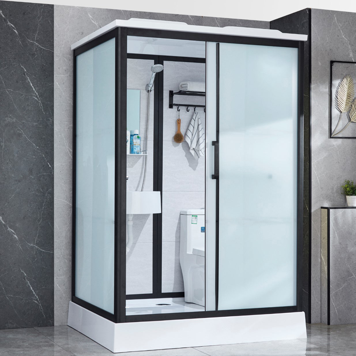 Framed Tempered Glass Shower Kit with Base Included Framed Shower Stall Toilet Included Front Opening Clearhalo 'Bathroom Remodel & Bathroom Fixtures' 'Home Improvement' 'home_improvement' 'home_improvement_shower_stalls_enclosures' 'Shower Stalls & Enclosures' 'shower_stalls_enclosures' 'Showers & Bathtubs' 6497044