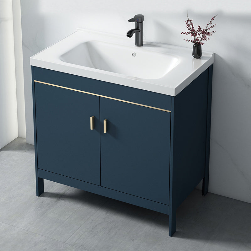 Blue Bath Vanity Hardware Glam Metal Freestanding Bathroom Vanity Set with Mirror Clearhalo 'Bathroom Remodel & Bathroom Fixtures' 'Bathroom Vanities' 'bathroom_vanities' 'Home Improvement' 'home_improvement' 'home_improvement_bathroom_vanities' 6497079