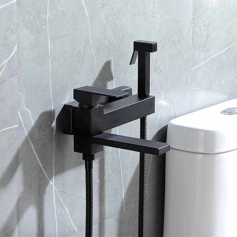 Contemporary Wall Mounted Metal Tub Filler Low Arc Lever Tub Faucet Trim Black Spray Gun Included Hose Included Clearhalo 'Bathroom Remodel & Bathroom Fixtures' 'Bathtub Faucets' 'bathtub_faucets' 'Home Improvement' 'home_improvement' 'home_improvement_bathtub_faucets' 6497160