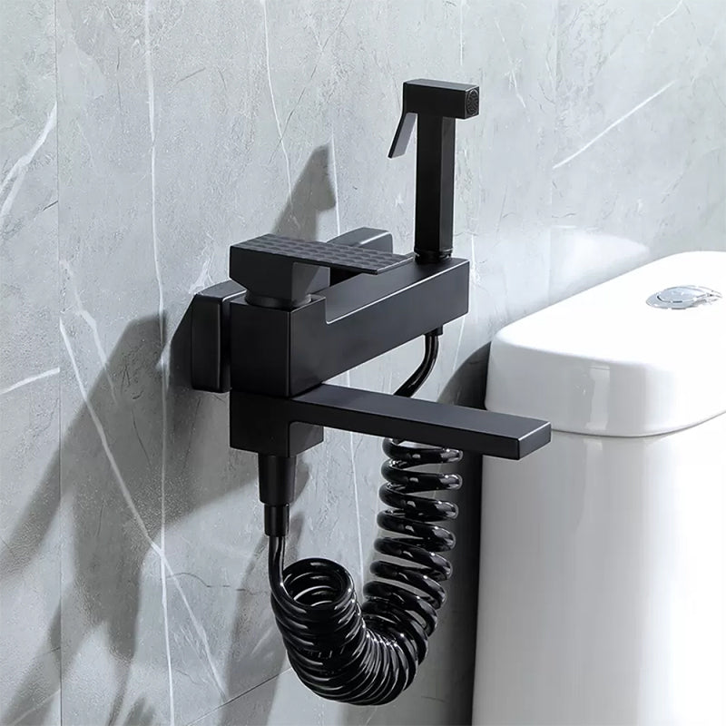 Contemporary Wall Mounted Metal Tub Filler Low Arc Lever Tub Faucet Trim Black Spray Gun Included Hose Not Included Clearhalo 'Bathroom Remodel & Bathroom Fixtures' 'Bathtub Faucets' 'bathtub_faucets' 'Home Improvement' 'home_improvement' 'home_improvement_bathtub_faucets' 6497162