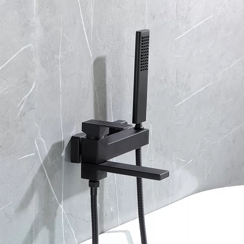 Contemporary Wall Mounted Metal Tub Filler Low Arc Lever Tub Faucet Trim Black Spray Gun Not Included Hose Included Clearhalo 'Bathroom Remodel & Bathroom Fixtures' 'Bathtub Faucets' 'bathtub_faucets' 'Home Improvement' 'home_improvement' 'home_improvement_bathtub_faucets' 6497164