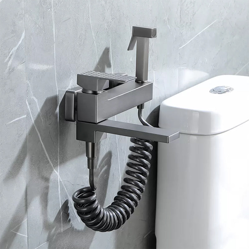 Contemporary Wall Mounted Metal Tub Filler Low Arc Lever Tub Faucet Trim Gun Grey Spray Gun Included Hose Not Included Clearhalo 'Bathroom Remodel & Bathroom Fixtures' 'Bathtub Faucets' 'bathtub_faucets' 'Home Improvement' 'home_improvement' 'home_improvement_bathtub_faucets' 6497167