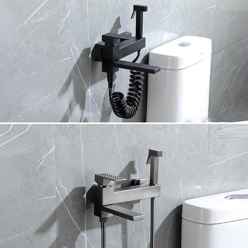 Contemporary Wall Mounted Metal Tub Filler Low Arc Lever Tub Faucet Trim Clearhalo 'Bathroom Remodel & Bathroom Fixtures' 'Bathtub Faucets' 'bathtub_faucets' 'Home Improvement' 'home_improvement' 'home_improvement_bathtub_faucets' 6497177