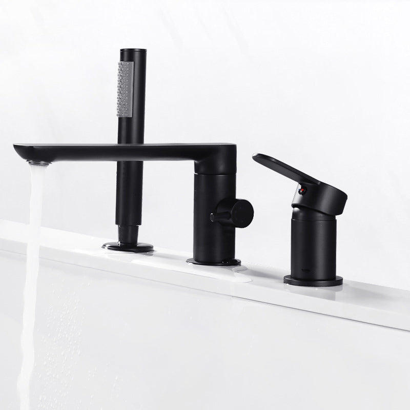 Deck Mounted Copper Freestanding Tub Filler Low Arc Roman Tub Faucet Set Clearhalo 'Bathroom Remodel & Bathroom Fixtures' 'Bathtub Faucets' 'bathtub_faucets' 'Home Improvement' 'home_improvement' 'home_improvement_bathtub_faucets' 6497185