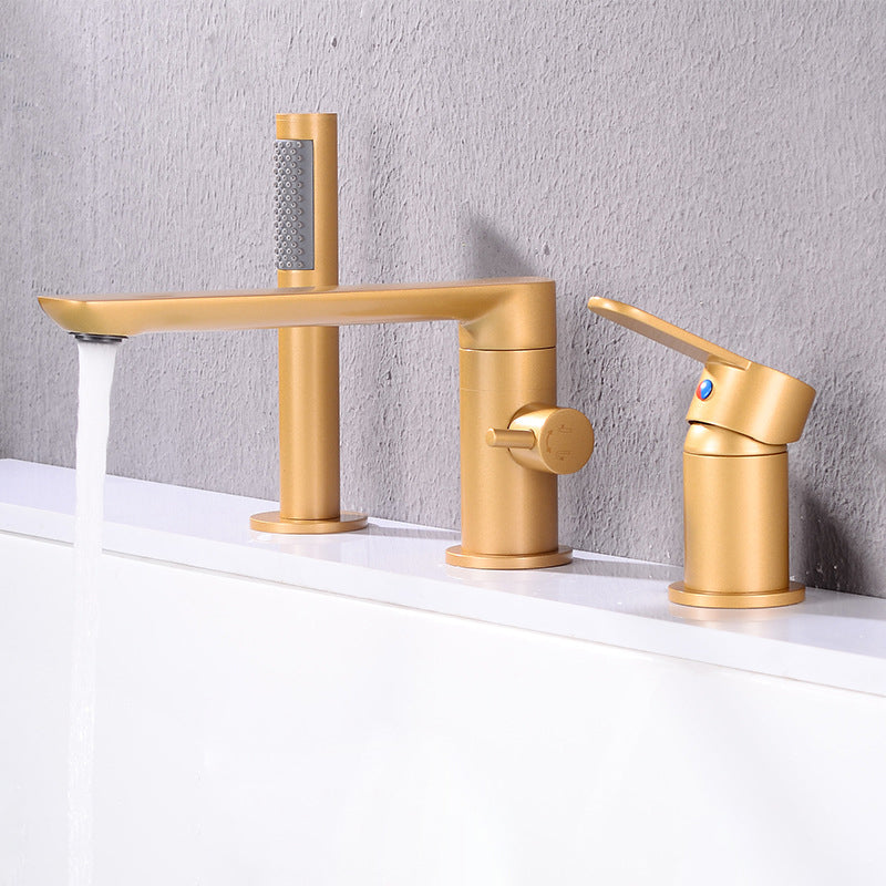 Deck Mounted Copper Freestanding Tub Filler Low Arc Roman Tub Faucet Set Gold 3 Hole Faucets Clearhalo 'Bathroom Remodel & Bathroom Fixtures' 'Bathtub Faucets' 'bathtub_faucets' 'Home Improvement' 'home_improvement' 'home_improvement_bathtub_faucets' 6497194