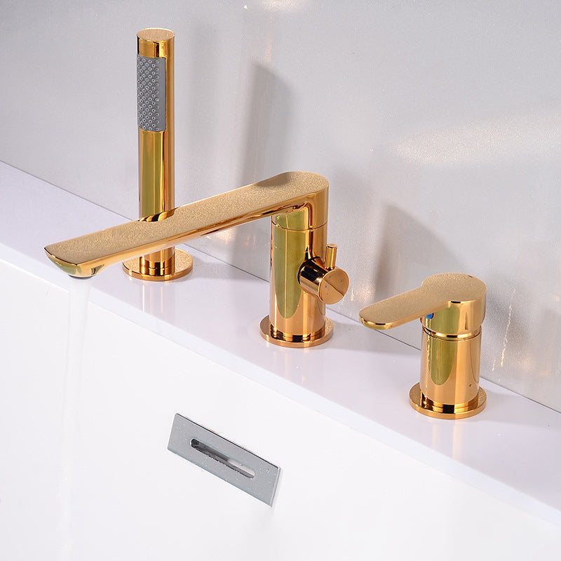 Deck Mounted Copper Freestanding Tub Filler Low Arc Roman Tub Faucet Set Dark Gold 3 Hole Faucets Clearhalo 'Bathroom Remodel & Bathroom Fixtures' 'Bathtub Faucets' 'bathtub_faucets' 'Home Improvement' 'home_improvement' 'home_improvement_bathtub_faucets' 6497196