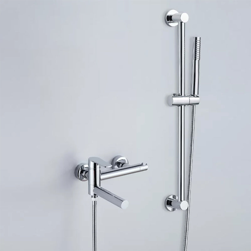 Wall Mounted Metal Tub Filler Single Handle Swivel Tub Faucet Trim Silver Hand Shower Included Risers Included Clearhalo 'Bathroom Remodel & Bathroom Fixtures' 'Bathtub Faucets' 'bathtub_faucets' 'Home Improvement' 'home_improvement' 'home_improvement_bathtub_faucets' 6497210