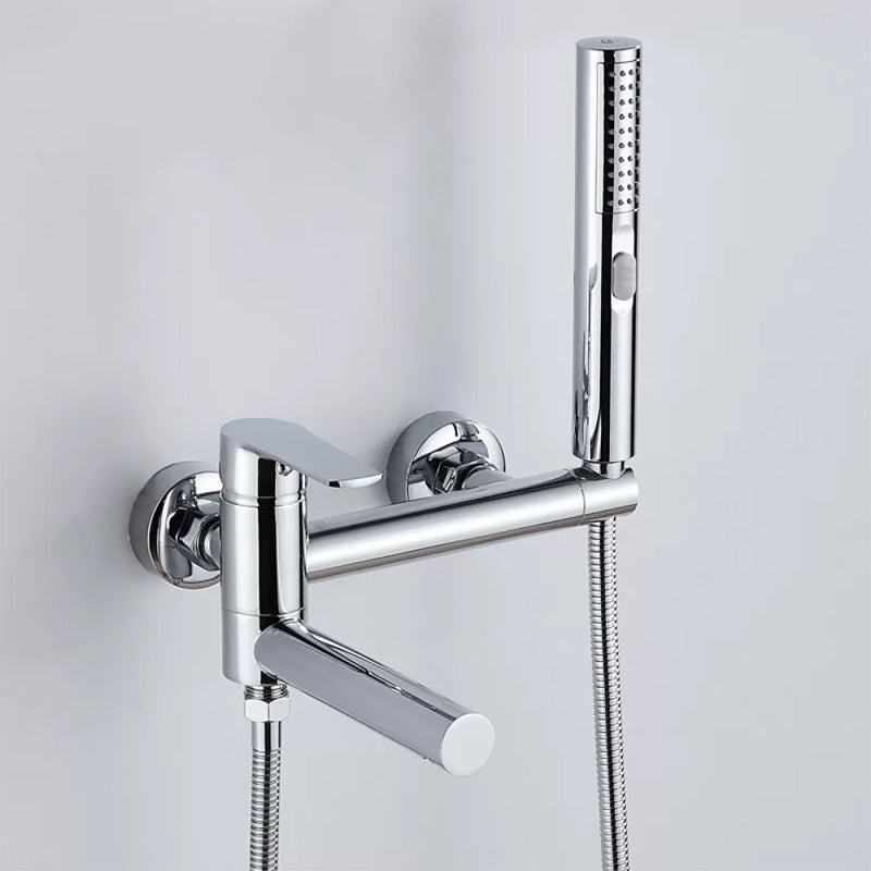 Wall Mounted Metal Tub Filler Single Handle Swivel Tub Faucet Trim Silver Hand Shower Included Risers Not Included Clearhalo 'Bathroom Remodel & Bathroom Fixtures' 'Bathtub Faucets' 'bathtub_faucets' 'Home Improvement' 'home_improvement' 'home_improvement_bathtub_faucets' 6497213