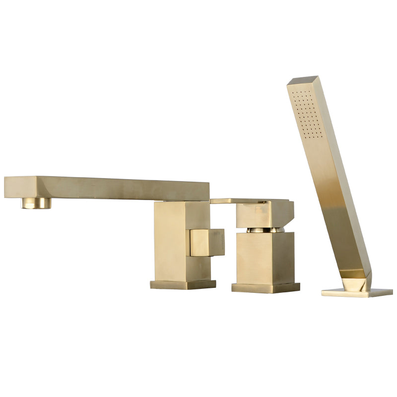 Deck Mounted Metal Freestanding Tub Filler Swivel Freestanding Faucet Gold 3 Hole Faucets Clearhalo 'Bathroom Remodel & Bathroom Fixtures' 'Bathtub Faucets' 'bathtub_faucets' 'Home Improvement' 'home_improvement' 'home_improvement_bathtub_faucets' 6497239
