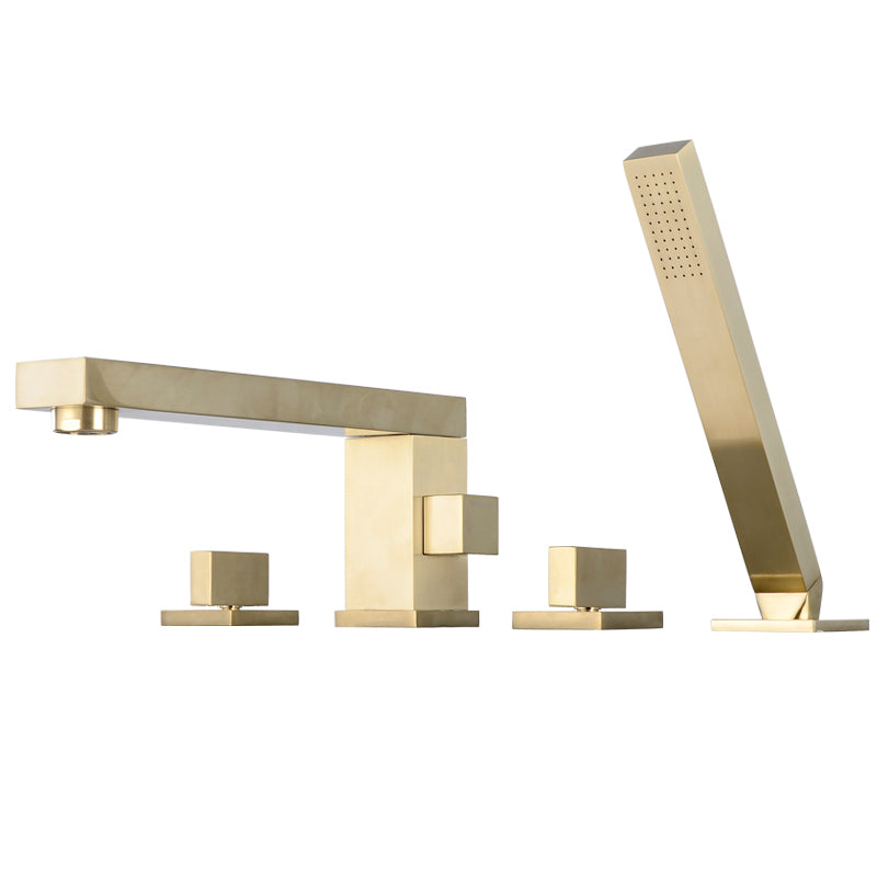 Deck Mounted Metal Freestanding Tub Filler Swivel Freestanding Faucet Gold 4 Hole Faucets Clearhalo 'Bathroom Remodel & Bathroom Fixtures' 'Bathtub Faucets' 'bathtub_faucets' 'Home Improvement' 'home_improvement' 'home_improvement_bathtub_faucets' 6497241